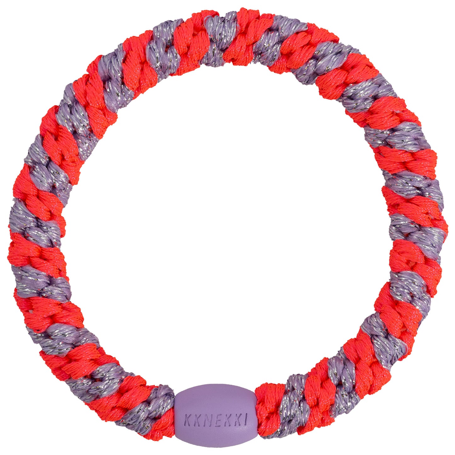 KKNEKKI Haargummi Stripe in Lilac Neon Pink mit charakteristischem Webdesign, schlanke Silhouette, sanfter Halt ohne Haarbruch, wasserfest und farbecht, mit Perle aus recyceltem Kunststoff