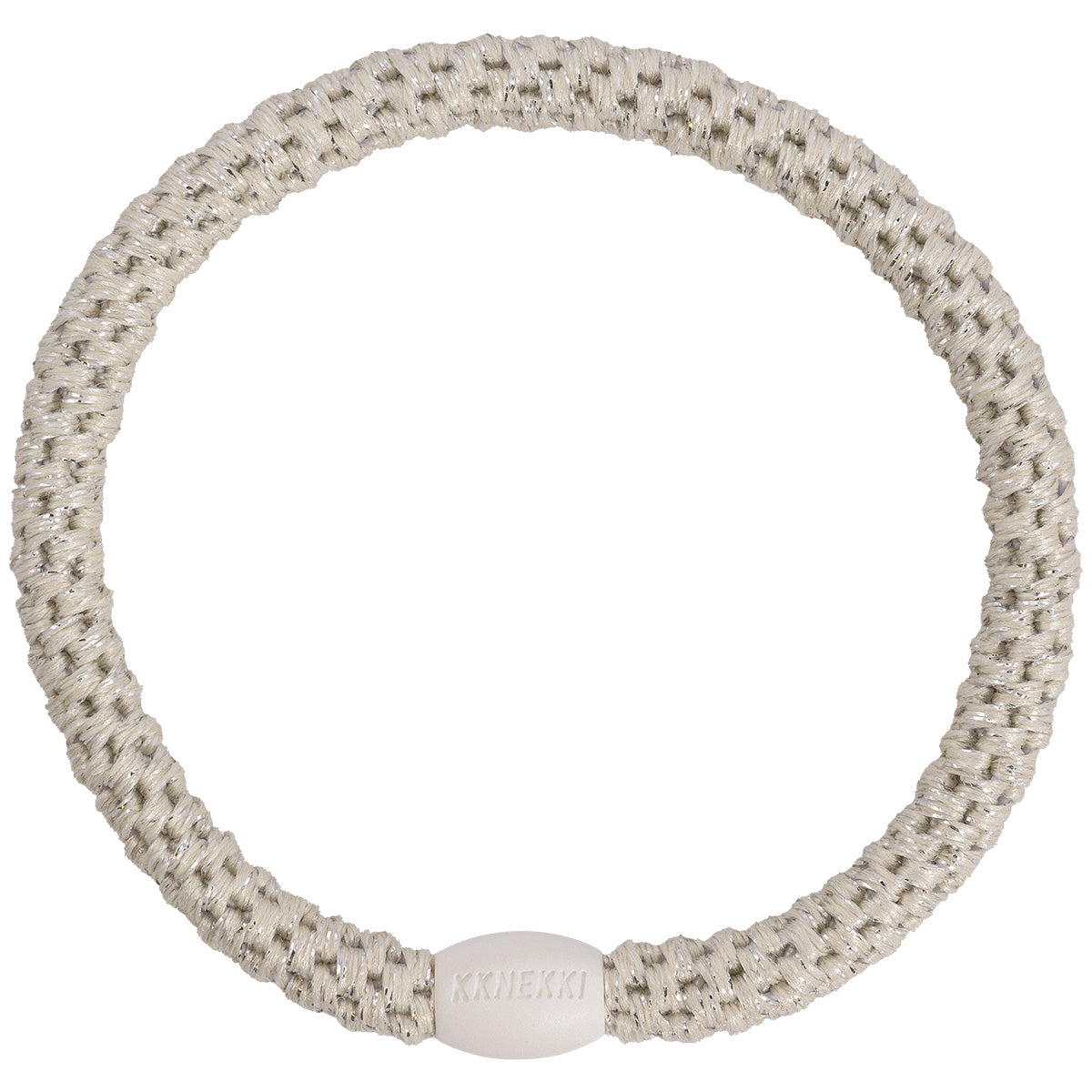 KKNEKKI Slim Glitter Haargummi in Ivory mit charakteristischem Webdesign, schlanke Silhouette, sanfter Halt ohne Haarbruch, wasserfest und farbecht, mit Perle aus recyceltem Kunststoff