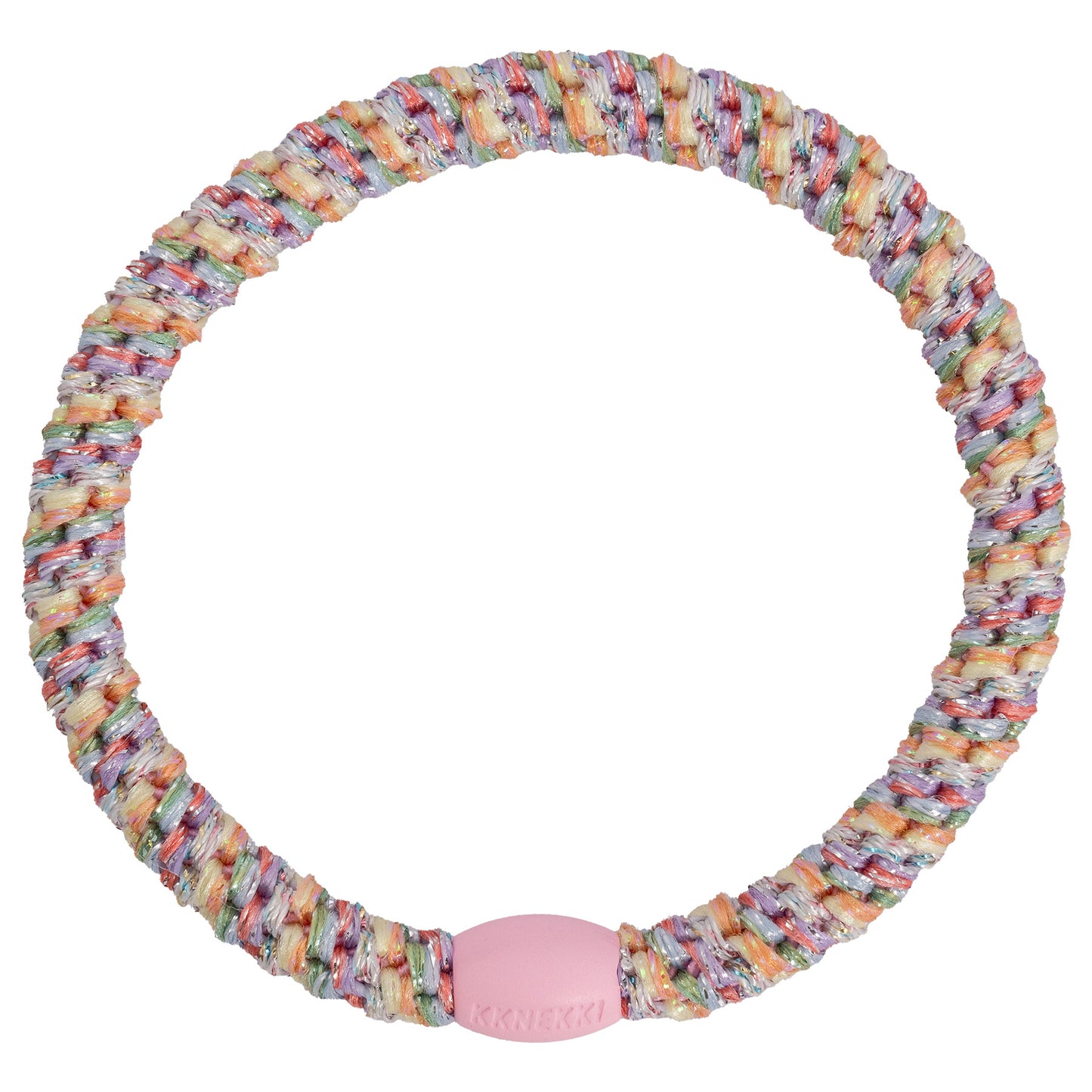 KKNEKKI Slim Glitter Haargummi in Pastel mit charakteristischem Webdesign, schlanke Silhouette, sanfter Halt ohne Haarbruch, wasserfest und farbecht, mit Perle aus recyceltem Kunststoff