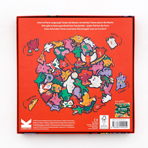 Rückseite der Puzzle-Verpackung mit Detailansichten der tierförmigen Puzzleteile, Beispielmotiv, Produktinformationen und Hinweisen zum Puzzlespaß für Kinder.