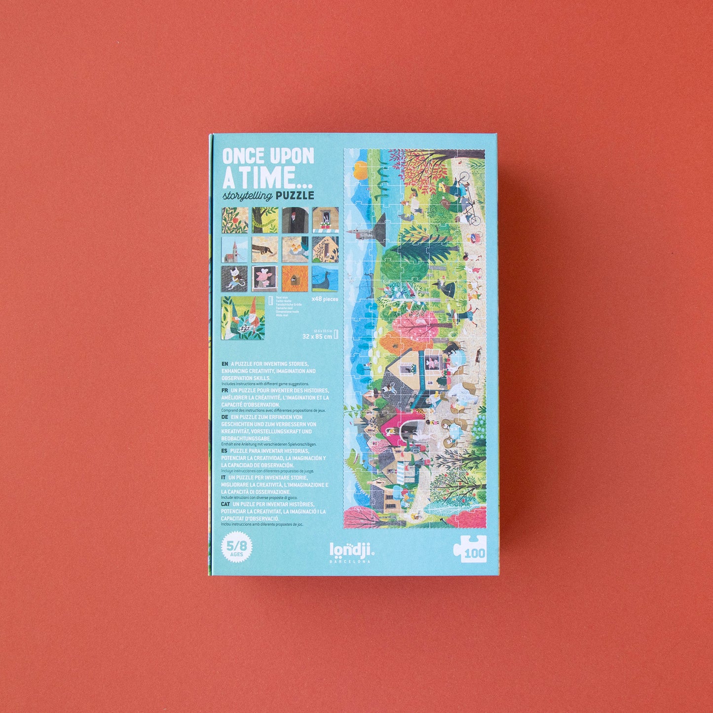 Rückseitdes des Kartons von dem Puzzles „Once Upon a Time“ von Londji