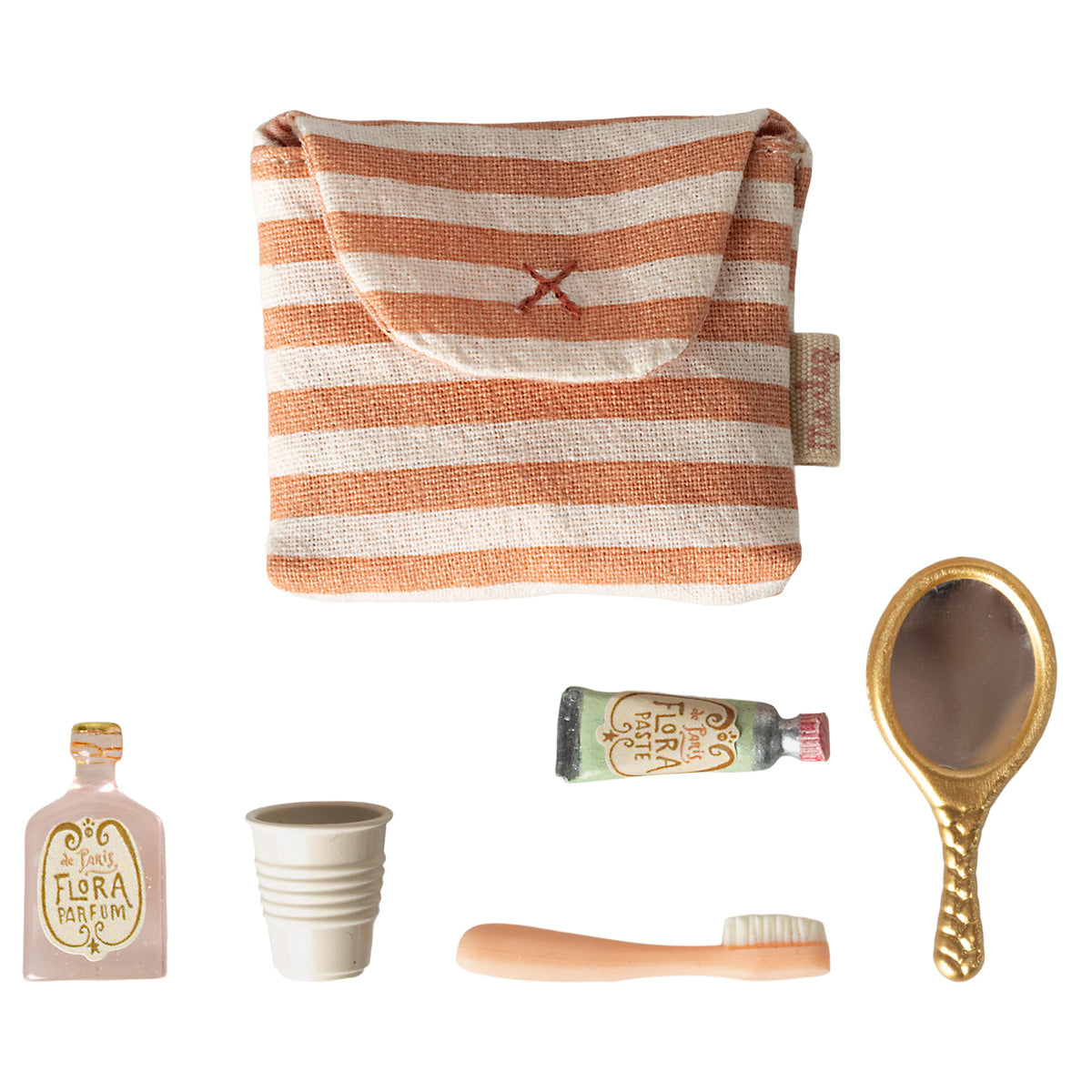 Maileg Zahnbürstenset in rot gestreifter Tasche, enthält Zahnbürste, Zahnpasta, Handspiegel, weißen Becher und rosa Parfum-Fläschchen
