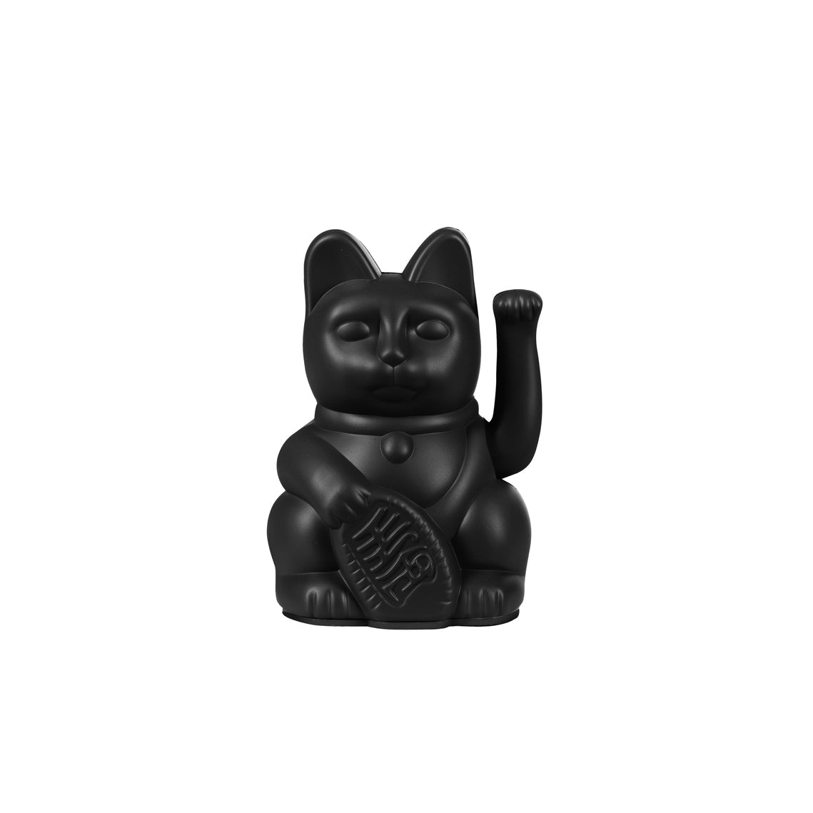 Matte schwarze Winkekatze „Lucky Cat“ von Donkey in der Größe Mini vor weißem Hintergrund.
