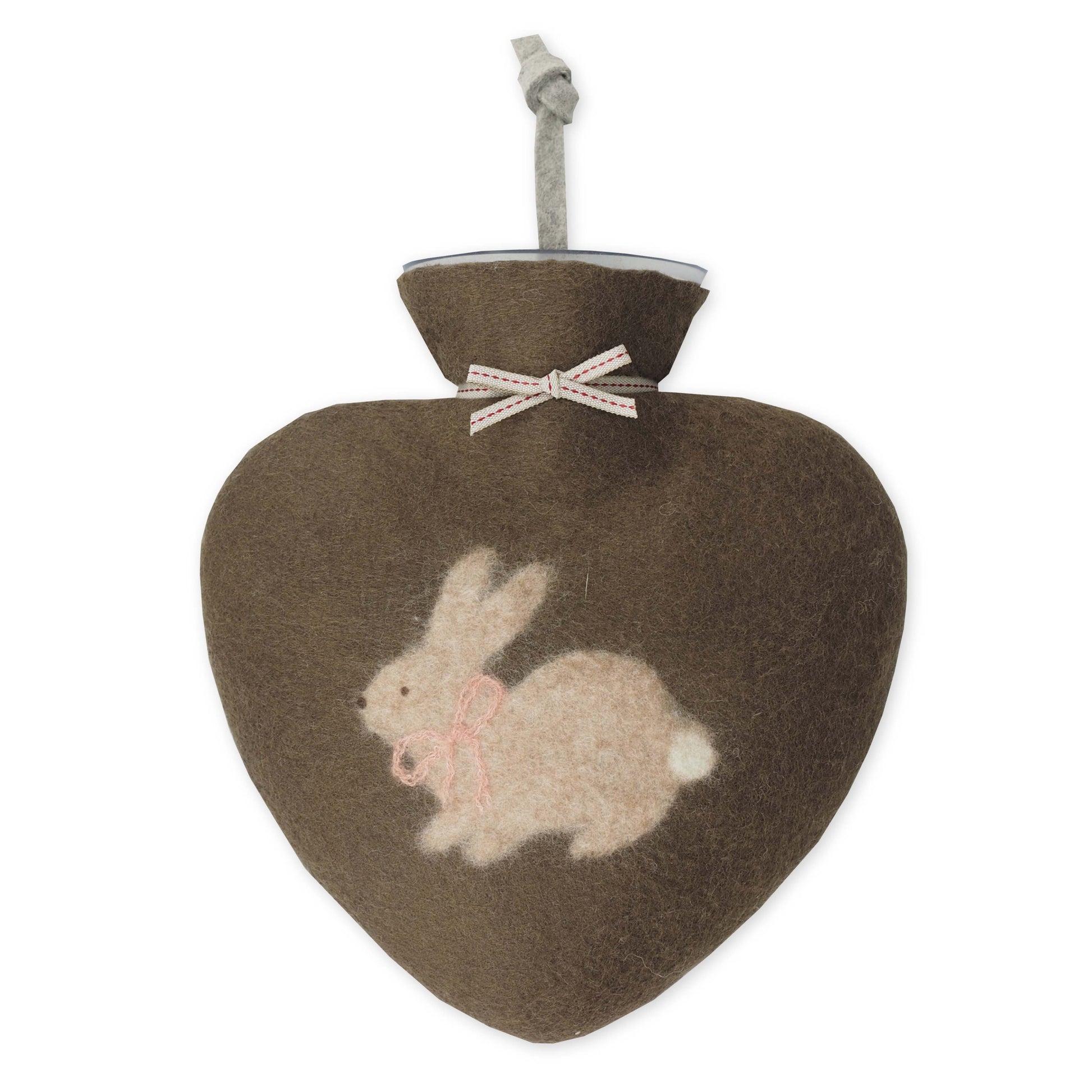 Herzförmige Wärmflasche mit Hülle aus brauner gefilzter Merinowolle, Hasen-Motiv vorne, liebevolles Design für Kinder oder Erwachsene