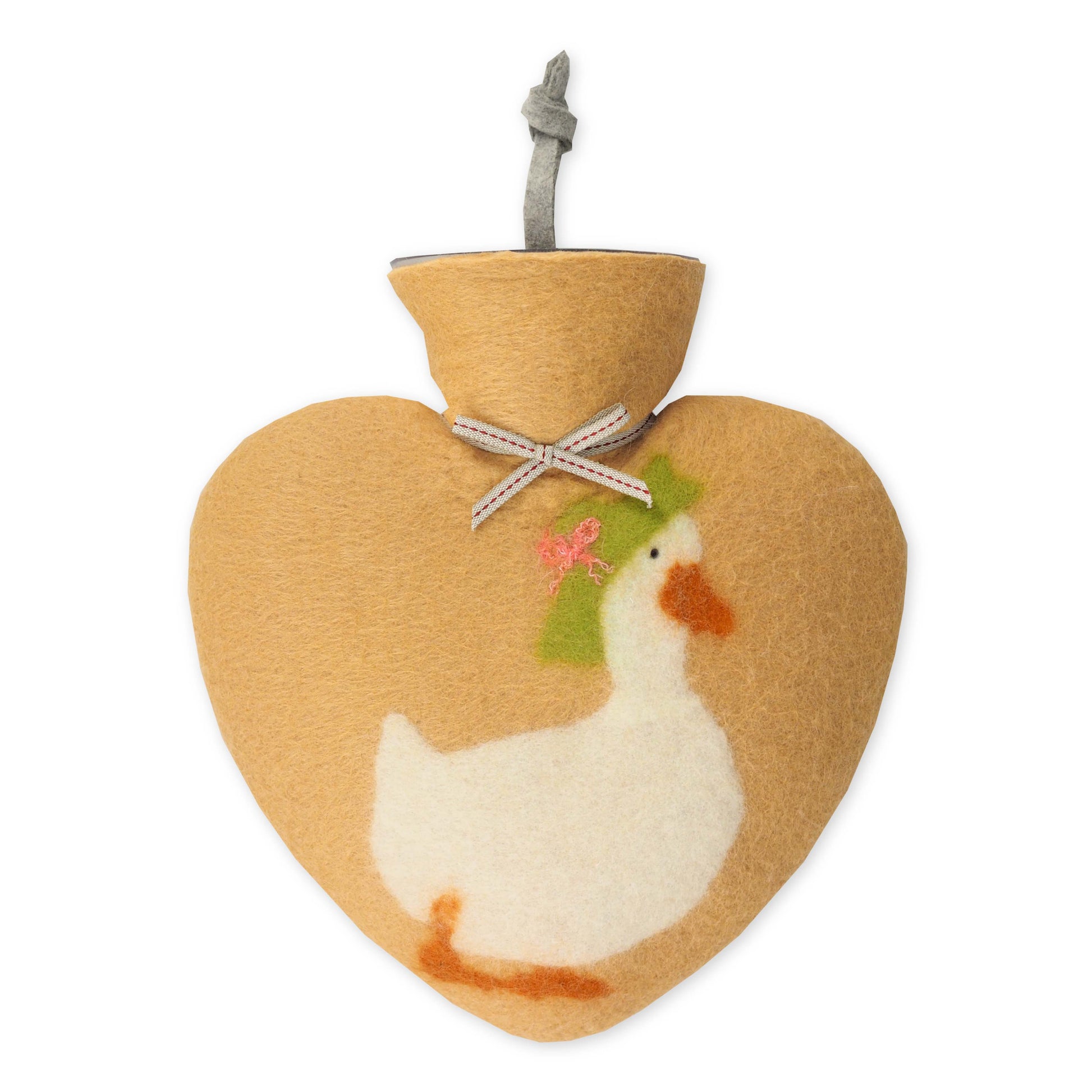 Herzförmige Wärmflasche mit Hülle aus gelber gefilzter Merinowolle, Gans mit Hut-Motiv vorne, liebevolles Design für Kinder oder Erwachsene