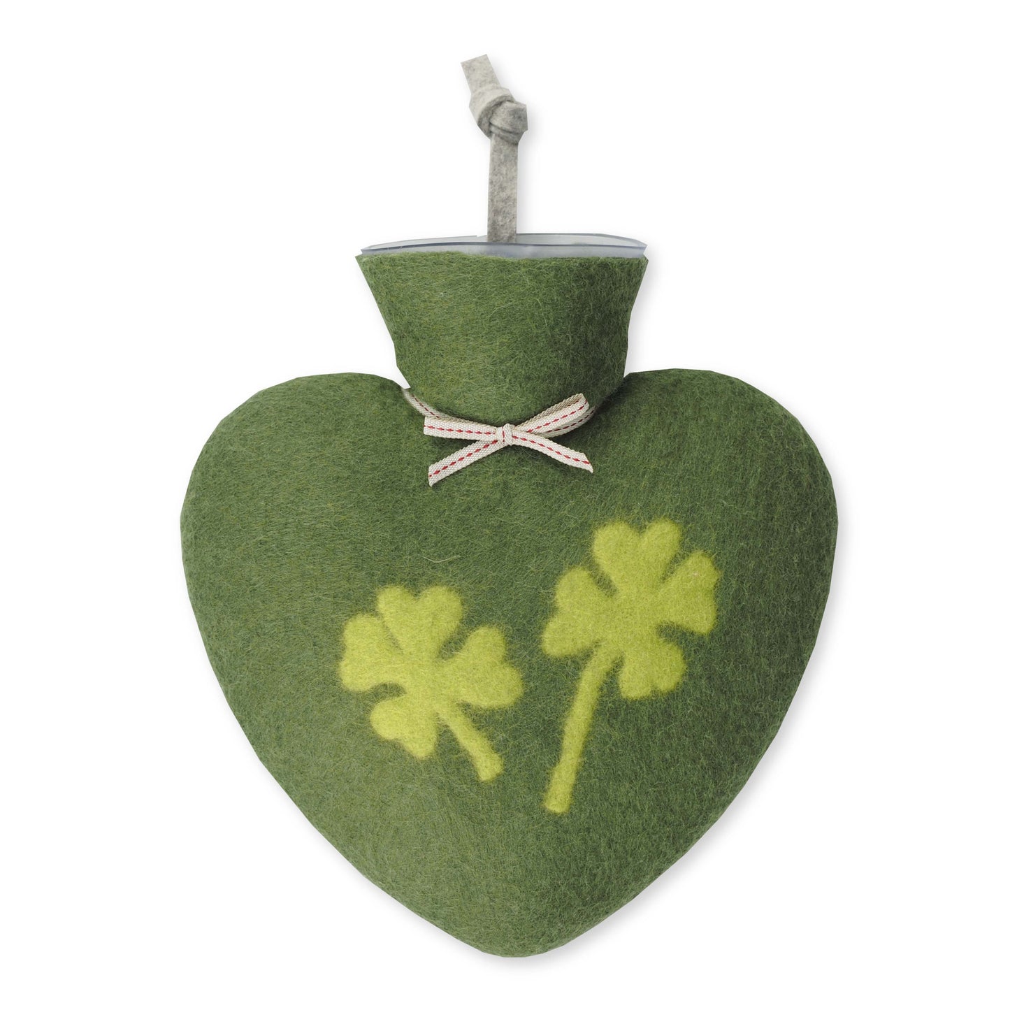 Herzförmige Wärmflasche mit Hülle aus grüner gefilzter Merinowolle, Motiv mit zwei Kleeblättern, liebevolles Design für Kinder oder Erwachsene