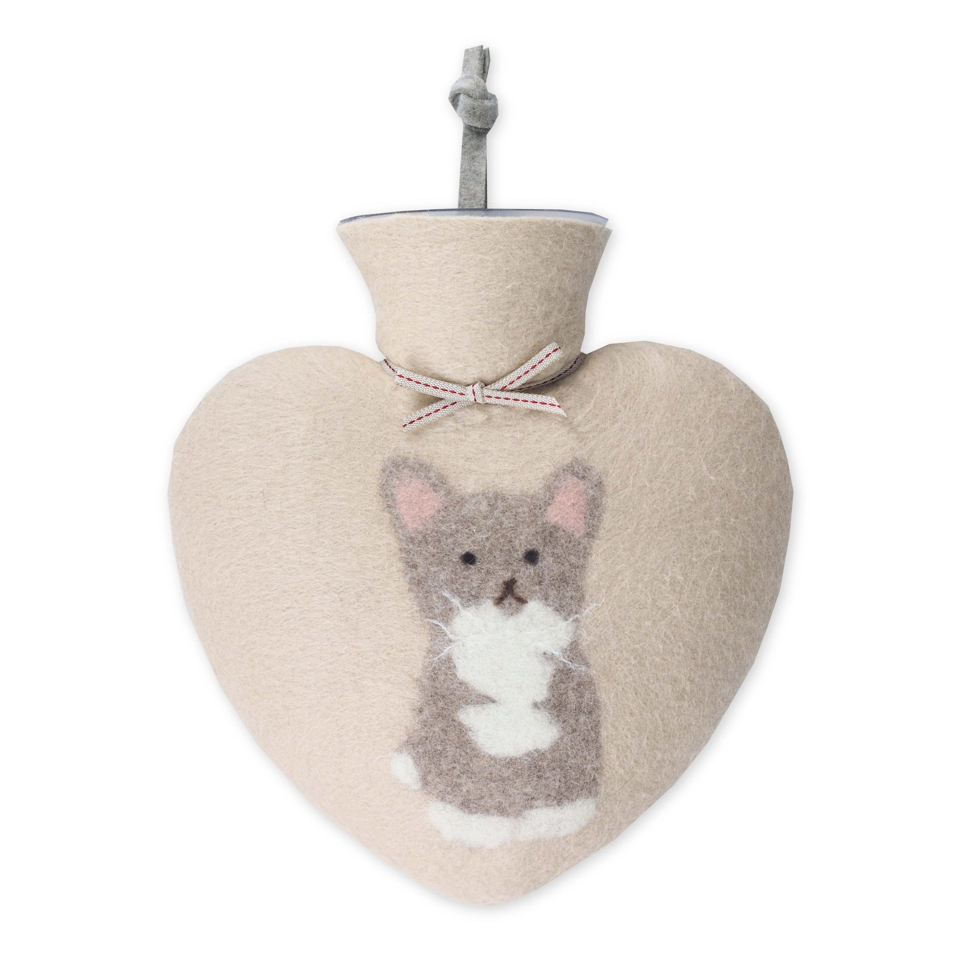 Herzförmige Wärmflasche mit Hülle aus gefilzter Merinowolle, Katzen-Motiv