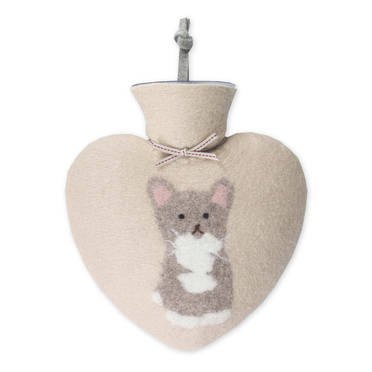 Herzförmige Wärmflasche mit Hülle aus gefilzter Merinowolle, Katzen-Motiv