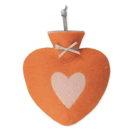 0,7 l Herz-Wärmflasche mit gefilzter Merinowoll-Hülle, dekoriert mit Orange und rosanem Herz-Motiv