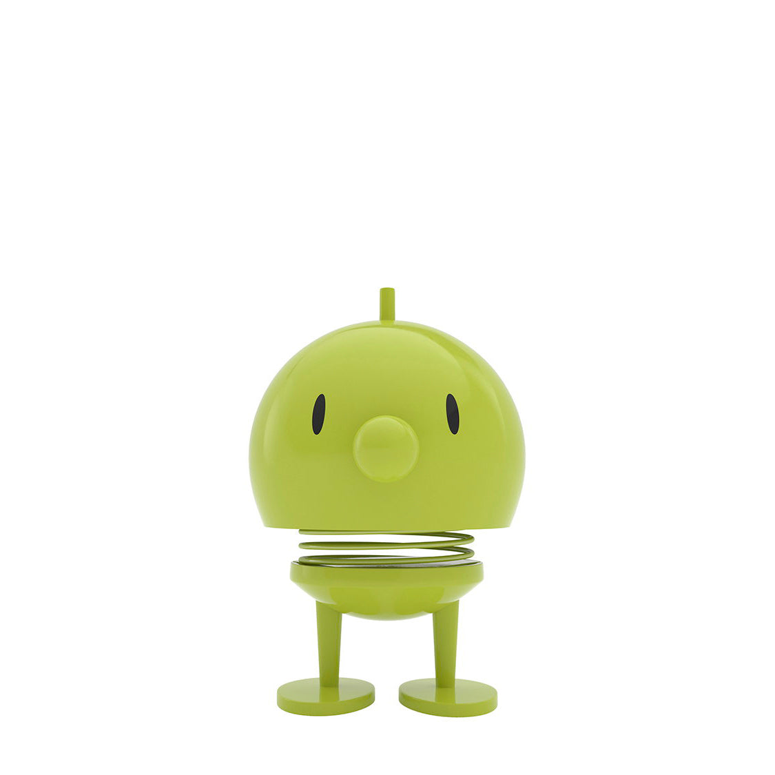 Medium Hoptimist Bumble Figur in Lime mit runder, glänzender Oberfläche, freundlichem Gesicht und sichtbarer Feder als Wackelmechanismus