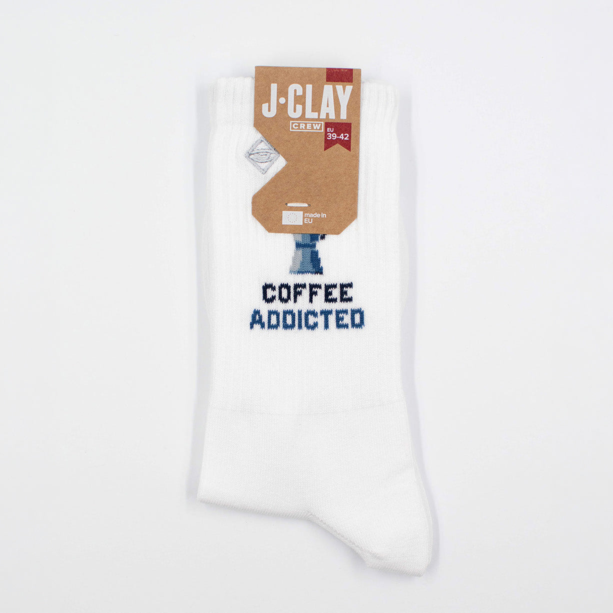 Verpackte J.Clay Socke Coffee Addicted, zusammengelegt dargestellt mit Banderole