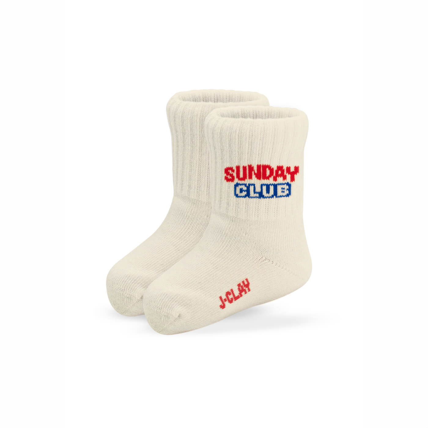 Weiße Baby-Crew-Socken mit rotem / blauem „Sunday Club“-Schriftzug