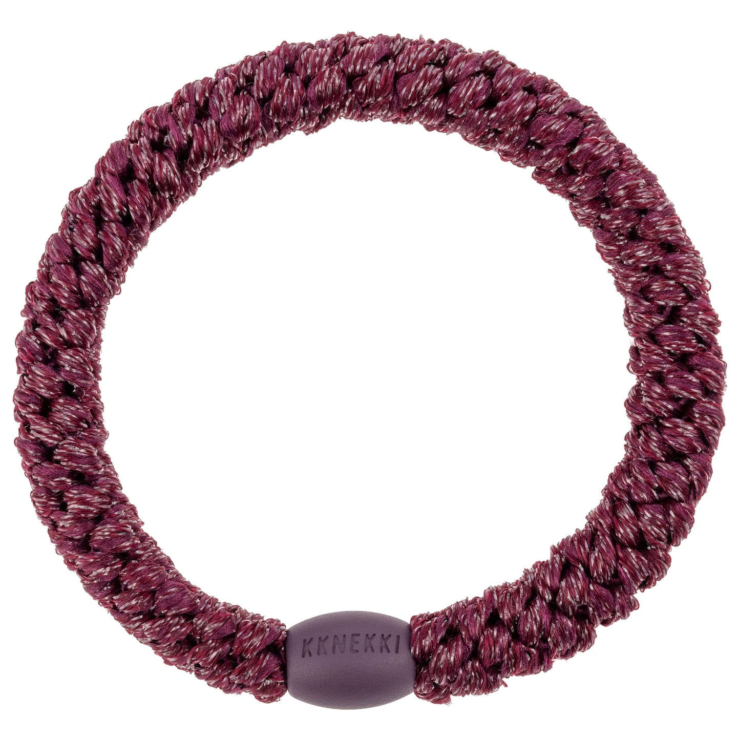 KKNEKKI Glitzer-Haargummi mit charakteristischem Webdesign in der Farbe Berry, sanfter Halt ohne Haarbruch, wasserfest und farbecht, mit Perle aus recyceltem Kunststoff
