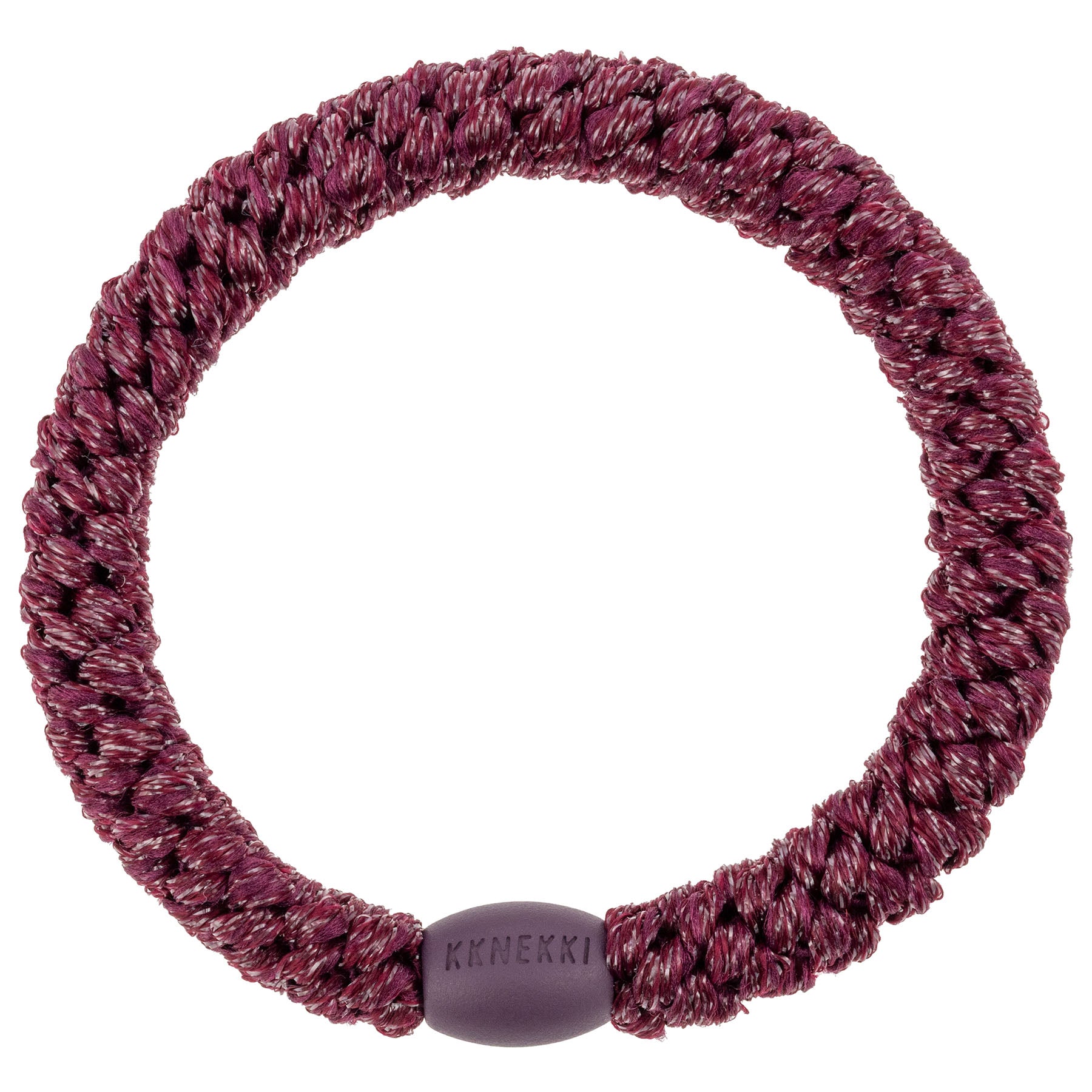 KKNEKKI Glitzer-Haargummi mit charakteristischem Webdesign in der Farbe Berry, sanfter Halt ohne Haarbruch, wasserfest und farbecht, mit Perle aus recyceltem Kunststoff