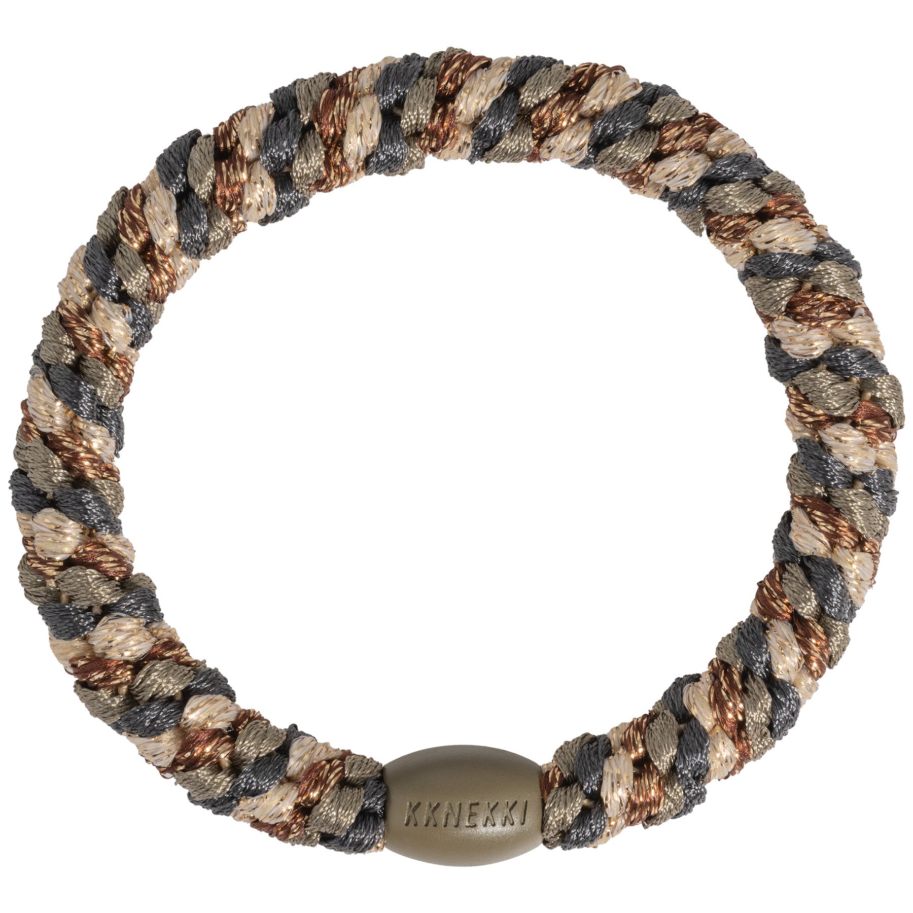 KKNEKKI Haargummi Mix in Camo-Gold mit charakteristischem Webdesign, sanfter Halt ohne Haarbruch, wasserfest und farbecht, mit Perle aus recyceltem Kunststoff