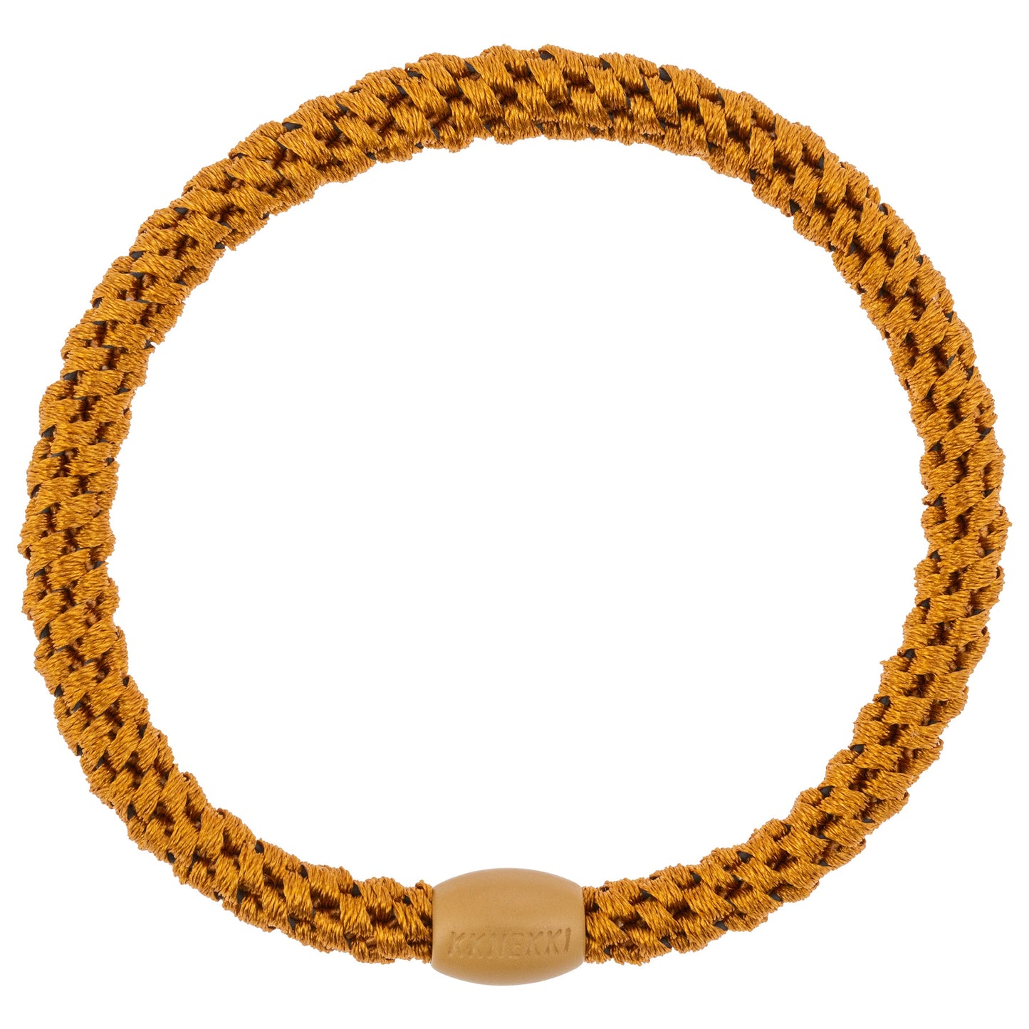 KKNEKKI Slim Haargummi in Curry mit charakteristischem Webdesign, schlanke Silhouette, sanfter Halt ohne Haarbruch, wasserfest und farbecht, mit Perle aus recyceltem Kunststoff