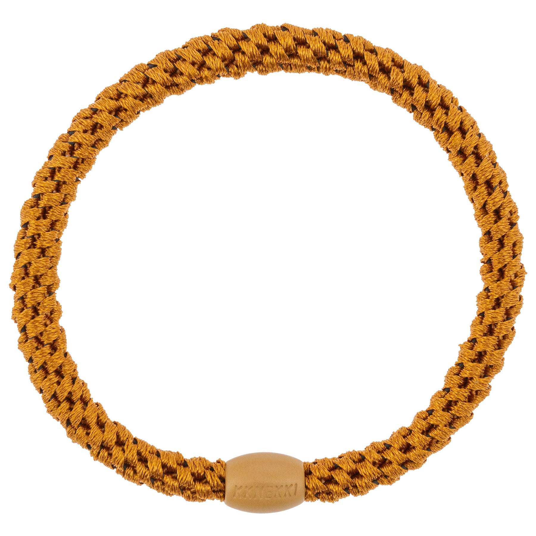 KKNEKKI Slim Haargummi in Curry mit charakteristischem Webdesign, schlanke Silhouette, sanfter Halt ohne Haarbruch, wasserfest und farbecht, mit Perle aus recyceltem Kunststoff