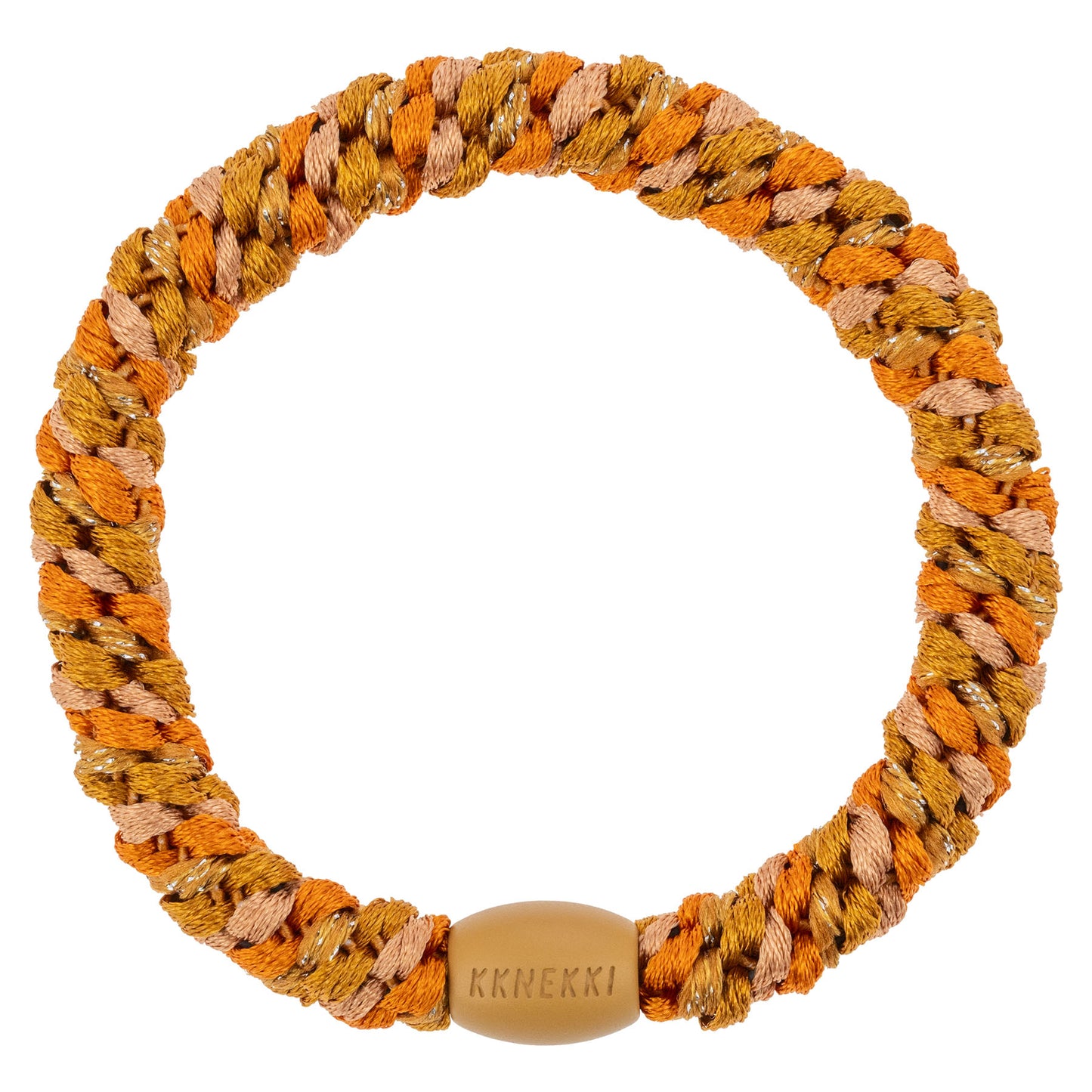 KKNEKKI Haargummi Mix in Curry mit charakteristischem Webdesign, sanfter Halt ohne Haarbruch, wasserfest und farbecht, mit Perle aus recyceltem Kunststoff