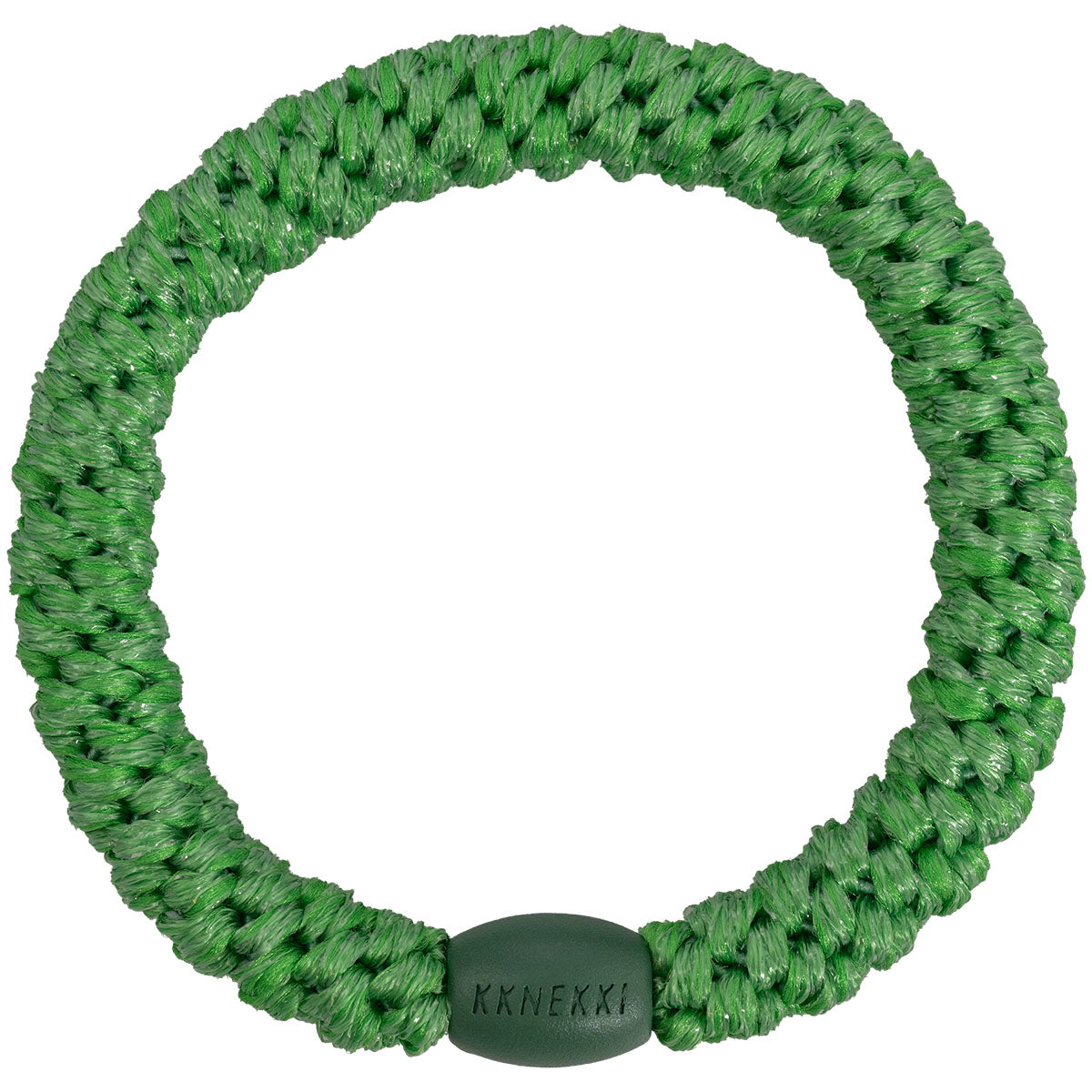 KKNEKKI Glitzer-Haargummi mit charakteristischem Webdesign in der Farbe Emerald zest, sanfter Halt ohne Haarbruch, wasserfest und farbecht, mit Perle aus recyceltem Kunststoff