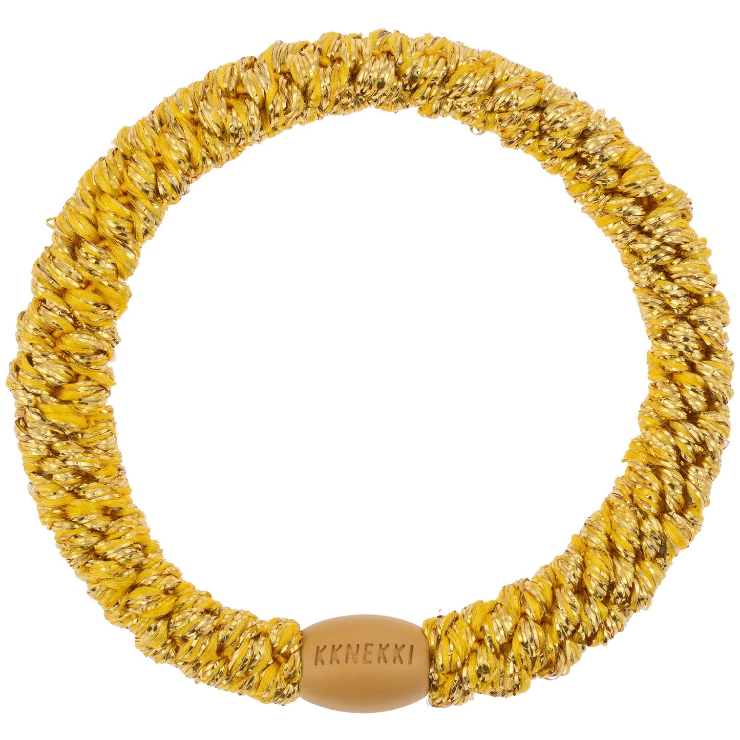 KKNEKKI Glitzer-Haargummi mit charakteristischem Webdesign in der Farbe Gold, sanfter Halt ohne Haarbruch, wasserfest und farbecht, mit Perle aus recyceltem Kunststoff