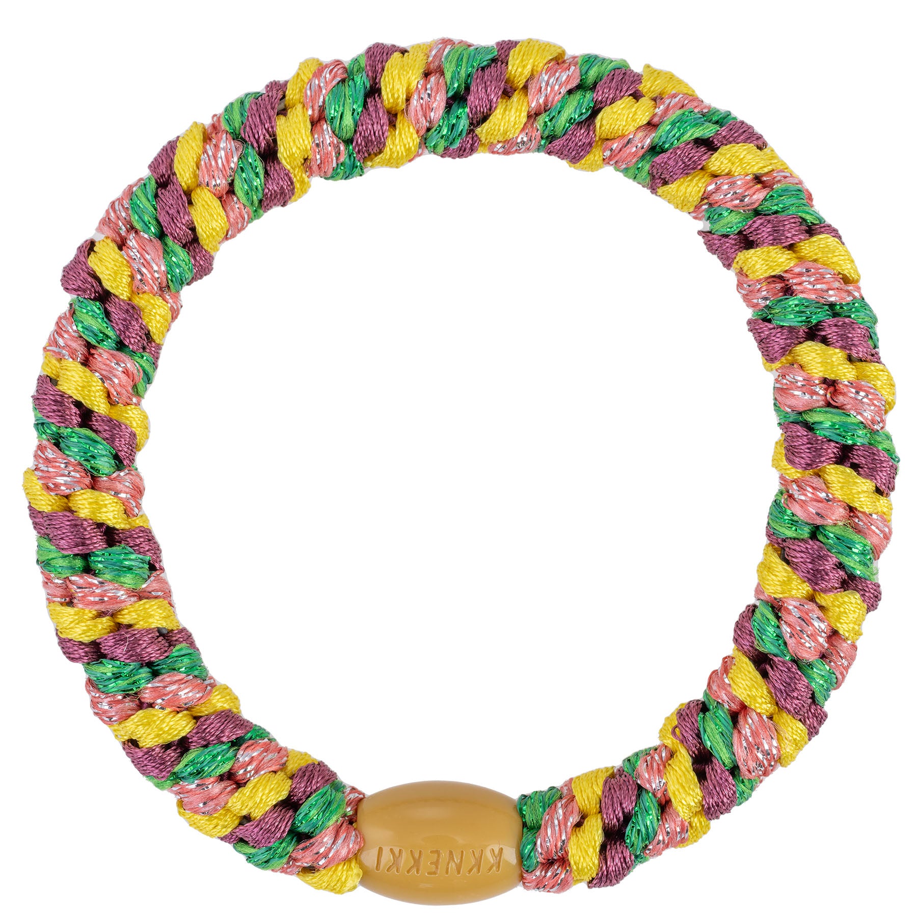 KKNEKKI Haargummi Mix in Gelb-Grün-Rosa mit charakteristischem Webdesign, sanfter Halt ohne Haarbruch, wasserfest und farbecht, mit Perle aus recyceltem Kunststoff