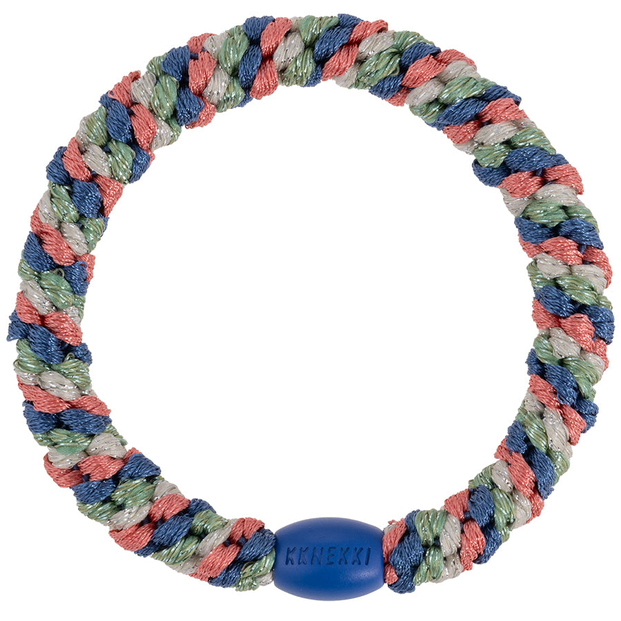 KKNEKKI Haargummi Mix in Indigo-Pomerant mit charakteristischem Webdesign, sanfter Halt ohne Haarbruch, wasserfest und farbecht, mit Perle aus recyceltem Kunststoff