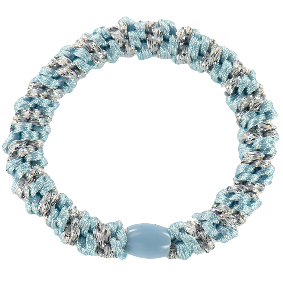 KKNEKKI Haargummi Stripe in Light Blue - Silver mit charakteristischem Webdesign, schlanke Silhouette, sanfter Halt ohne Haarbruch, wasserfest und farbecht, mit Perle aus recyceltem Kunststoff