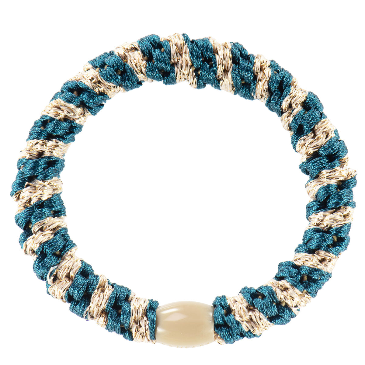 KKNEKKI Haargummi Stripe in Petrol - Beige mit charakteristischem Webdesign, schlanke Silhouette, sanfter Halt ohne Haarbruch, wasserfest und farbecht, mit Perle aus recyceltem Kunststoff