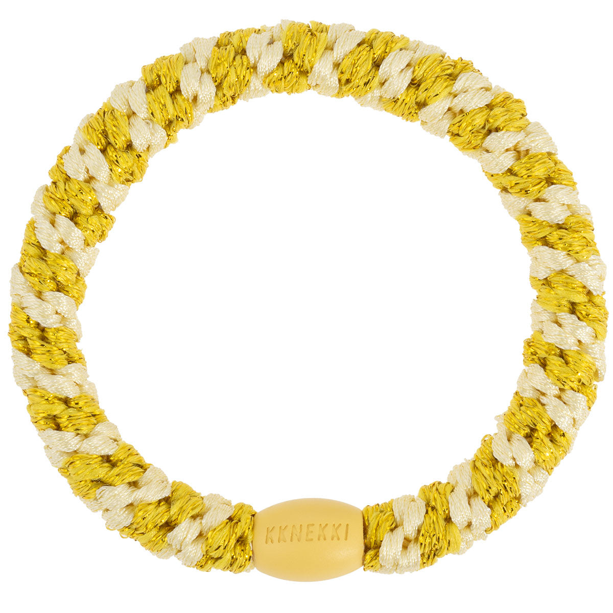 KKNEKKI Haargummi Stripe in Light Yellow - sun  mit charakteristischem Webdesign, schlanke Silhouette, sanfter Halt ohne Haarbruch, wasserfest und farbecht, mit Perle aus recyceltem Kunststoff