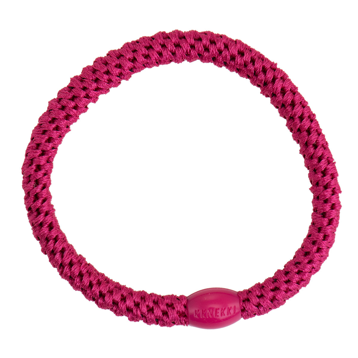 KKNEKKI Slim Haargummi in Pink mit charakteristischem Webdesign, schlanke Silhouette, sanfter Halt ohne Haarbruch, wasserfest und farbecht, mit Perle aus recyceltem Kunststoff