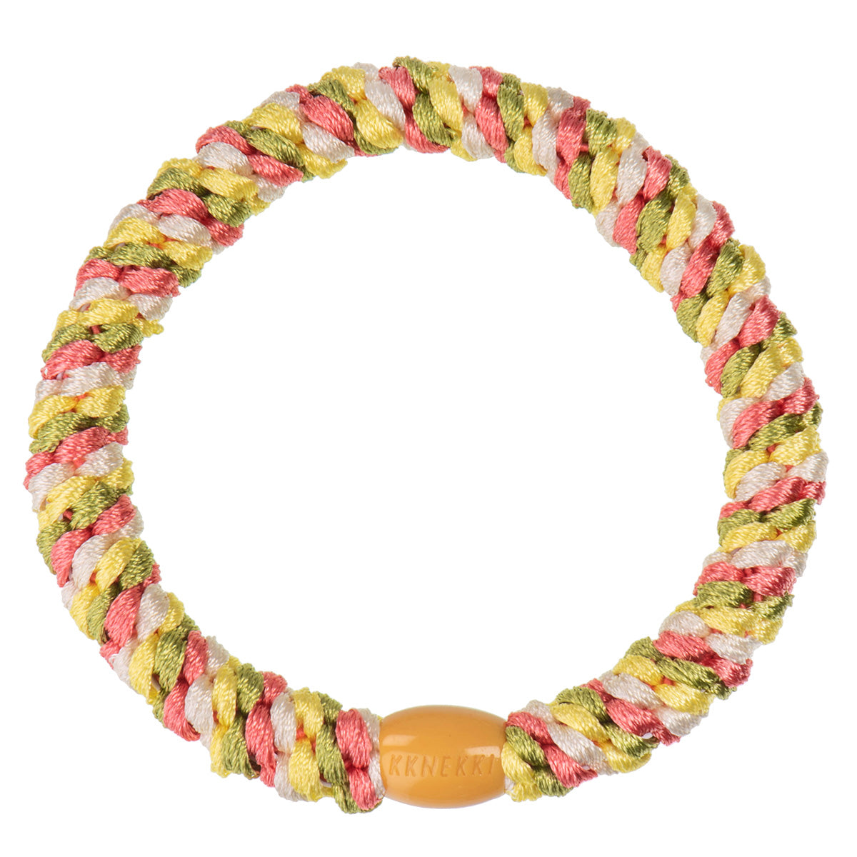 KKNEKKI Haargummi Mix in Pomerant-Lemon mit charakteristischem Webdesign, sanfter Halt ohne Haarbruch, wasserfest und farbecht, mit Perle aus recyceltem Kunststoff