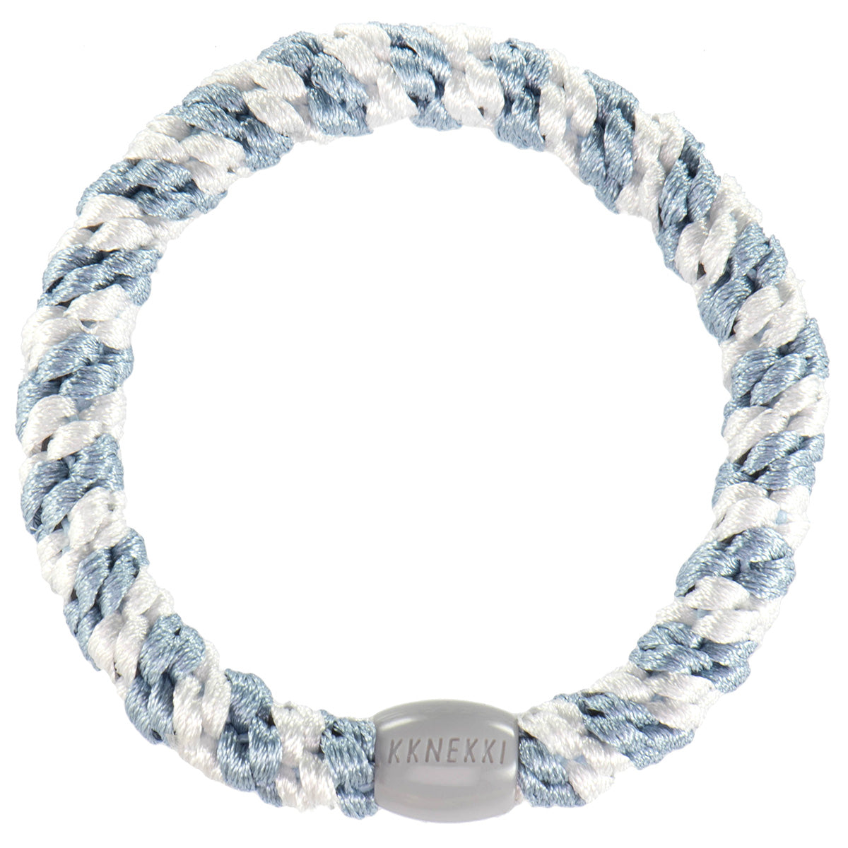 KKNEKKI Haargummi Stripe in Sea blue - White mit charakteristischem Webdesign, schlanke Silhouette, sanfter Halt ohne Haarbruch, wasserfest und farbecht, mit Perle aus recyceltem Kunststoff