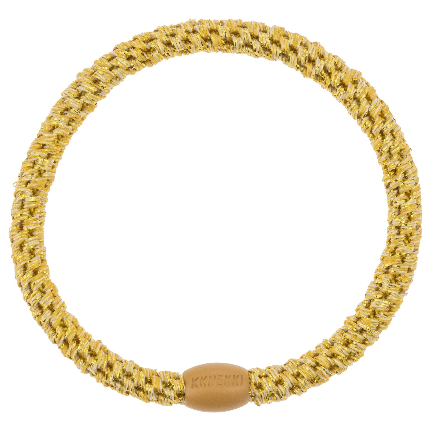 KKNEKKI Slim Glitter Haargummi in Gold mit charakteristischem Webdesign, schlanke Silhouette, sanfter Halt ohne Haarbruch, wasserfest und farbecht, mit Perle aus recyceltem Kunststoff