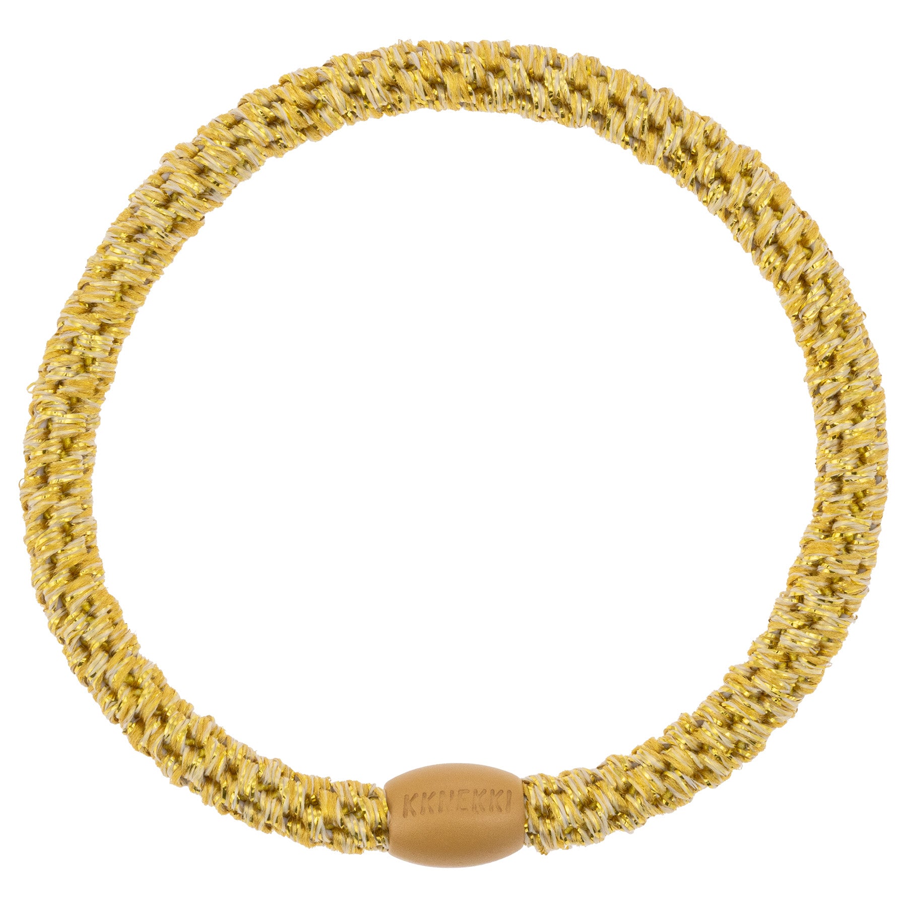 KKNEKKI Slim Glitter Haargummi in Gold mit charakteristischem Webdesign, schlanke Silhouette, sanfter Halt ohne Haarbruch, wasserfest und farbecht, mit Perle aus recyceltem Kunststoff