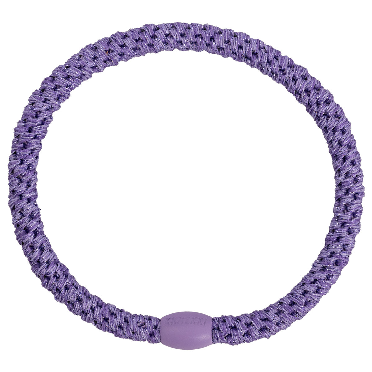 KKNEKKI Slim Glitter Haargummi in Lila mit charakteristischem Webdesign, schlanke Silhouette, sanfter Halt ohne Haarbruch, wasserfest und farbecht, mit Perle aus recyceltem Kunststoff