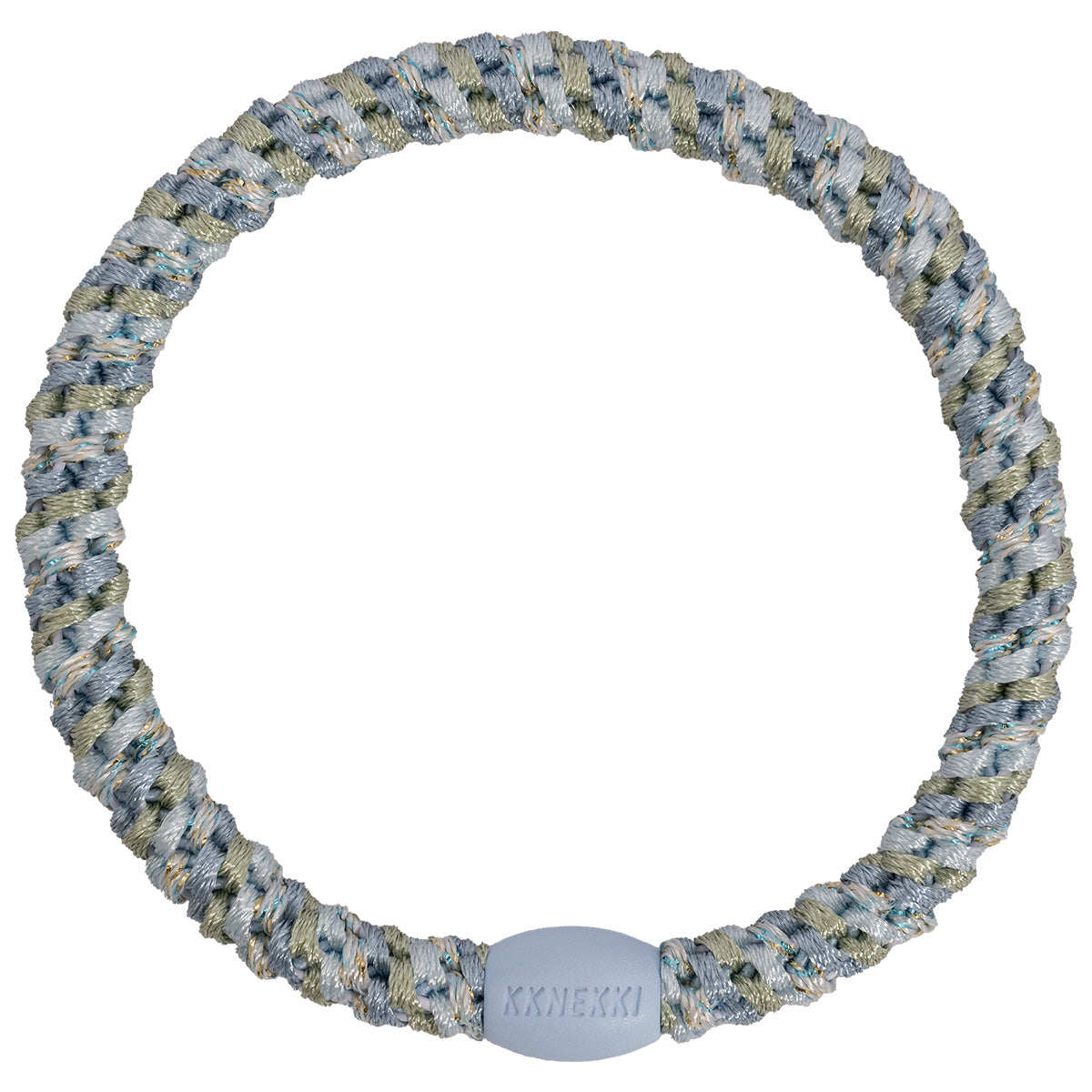 KKNEKKI Slim Mix Haargummi in Baby Blau mit charakteristischem Webdesign, schlanke Silhouette, sanfter Halt ohne Haarbruch, wasserfest und farbecht, mit Perle aus recyceltem Kunststoff