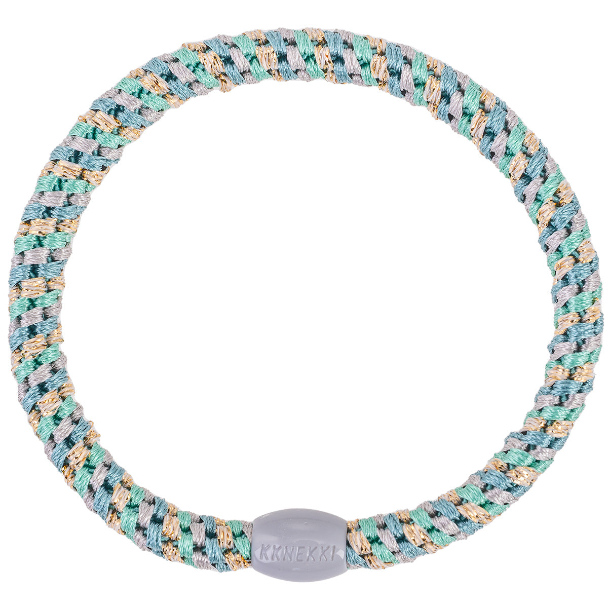 KKNEKKI Slim Mix Haargummi in Teal - Gold mit charakteristischem Webdesign, schlanke Silhouette, sanfter Halt ohne Haarbruch, wasserfest und farbecht, mit Perle aus recyceltem Kunststoff
