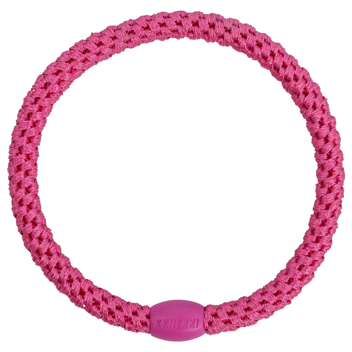 KKNEKKI Slim Haargummi in Pink mit charakteristischem Webdesign, schlanke Silhouette, sanfter Halt ohne Haarbruch, wasserfest und farbecht, mit Perle aus recyceltem Kunststoff
