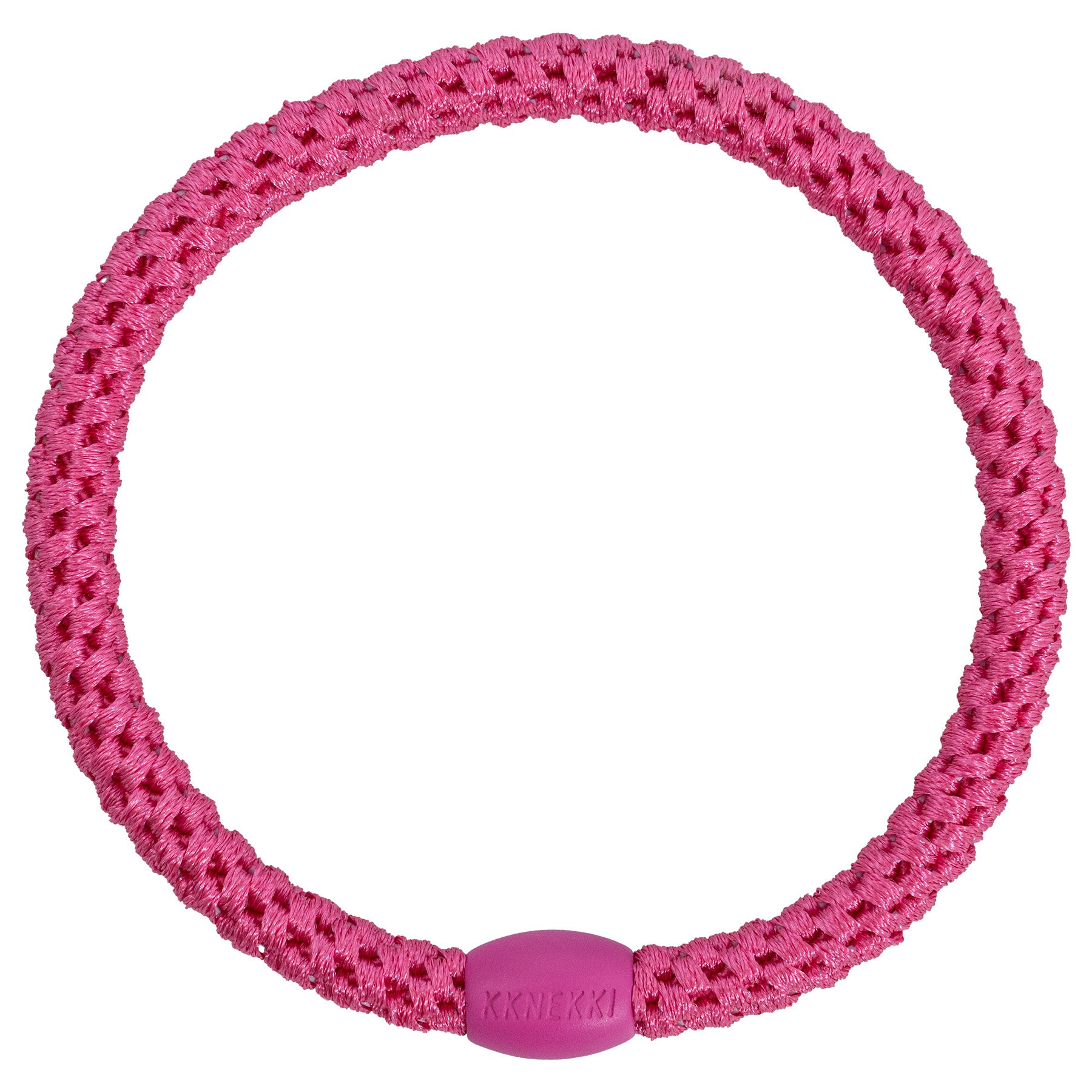 KKNEKKI Slim Haargummi in Pink mit charakteristischem Webdesign, schlanke Silhouette, sanfter Halt ohne Haarbruch, wasserfest und farbecht, mit Perle aus recyceltem Kunststoff
