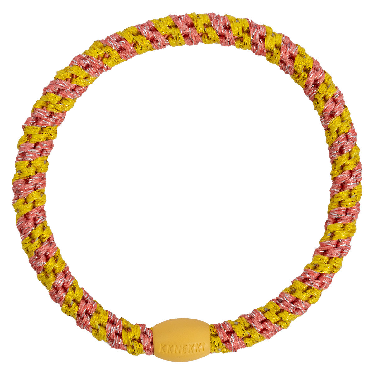 KKNEKKI Slim Mix Haargummi in Coral mit charakteristischem Webdesign, schlanke Silhouette, sanfter Halt ohne Haarbruch, wasserfest und farbecht, mit Perle aus recyceltem Kunststoff