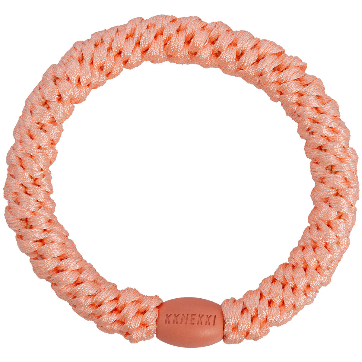 KKNEKKI Haargummi mit charakteristischem Webdesign in der Farbe Sunset-Peach, sanfter Halt ohne Haarbruch, wasserfest und farbecht, mit Perle aus recyceltem Kunststoff