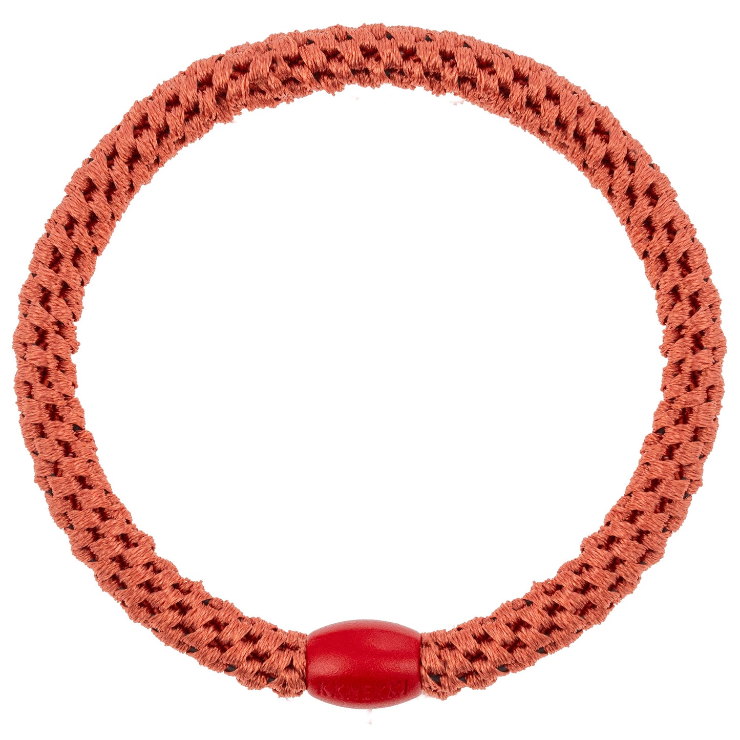 KKNEKKI Slim Haargummi in Terracotta mit charakteristischem Webdesign, schlanke Silhouette, sanfter Halt ohne Haarbruch, wasserfest und farbecht, mit Perle aus recyceltem Kunststoff