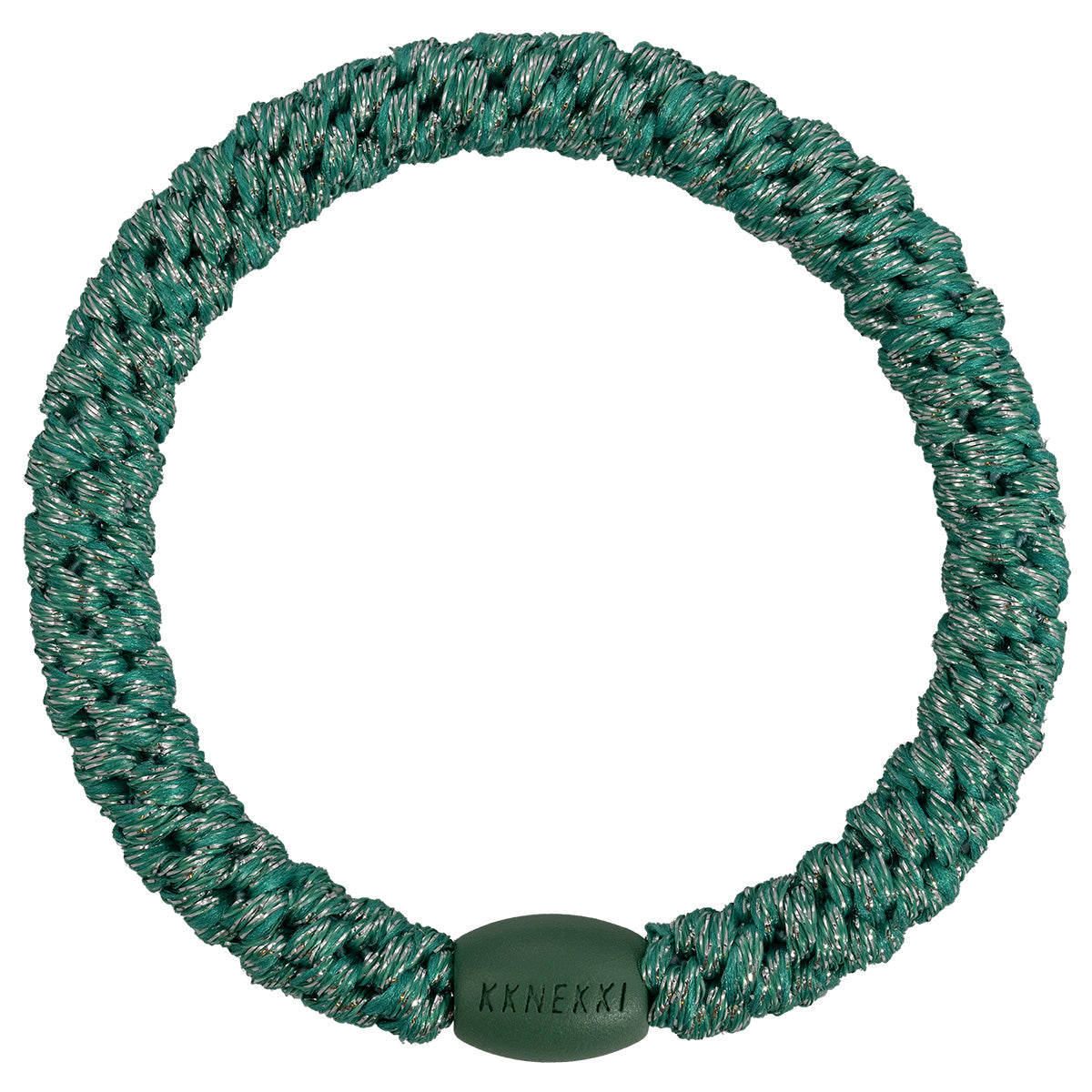 KKNEKKI Glitzer-Haargummi mit charakteristischem Webdesign in der Farbe Turkish, sanfter Halt ohne Haarbruch, wasserfest und farbecht, mit Perle aus recyceltem Kunststoff