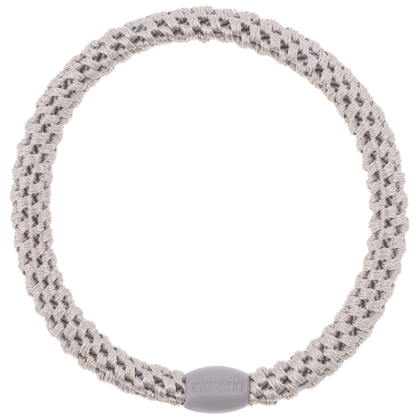 KKNEKKI Slim Haargummi in Weiß mit charakteristischem Webdesign, schlanke Silhouette, sanfter Halt ohne Haarbruch, wasserfest und farbecht, mit Perle aus recyceltem Kunststoff
