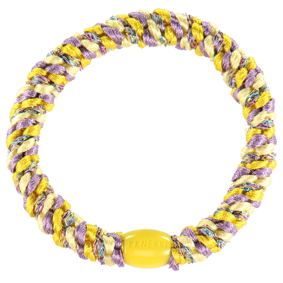 KKNEKKI Haargummi Mix in Yellow-Lavendel mit charakteristischem Webdesign, sanfter Halt ohne Haarbruch, wasserfest und farbecht, mit Perle aus recyceltem Kunststoff