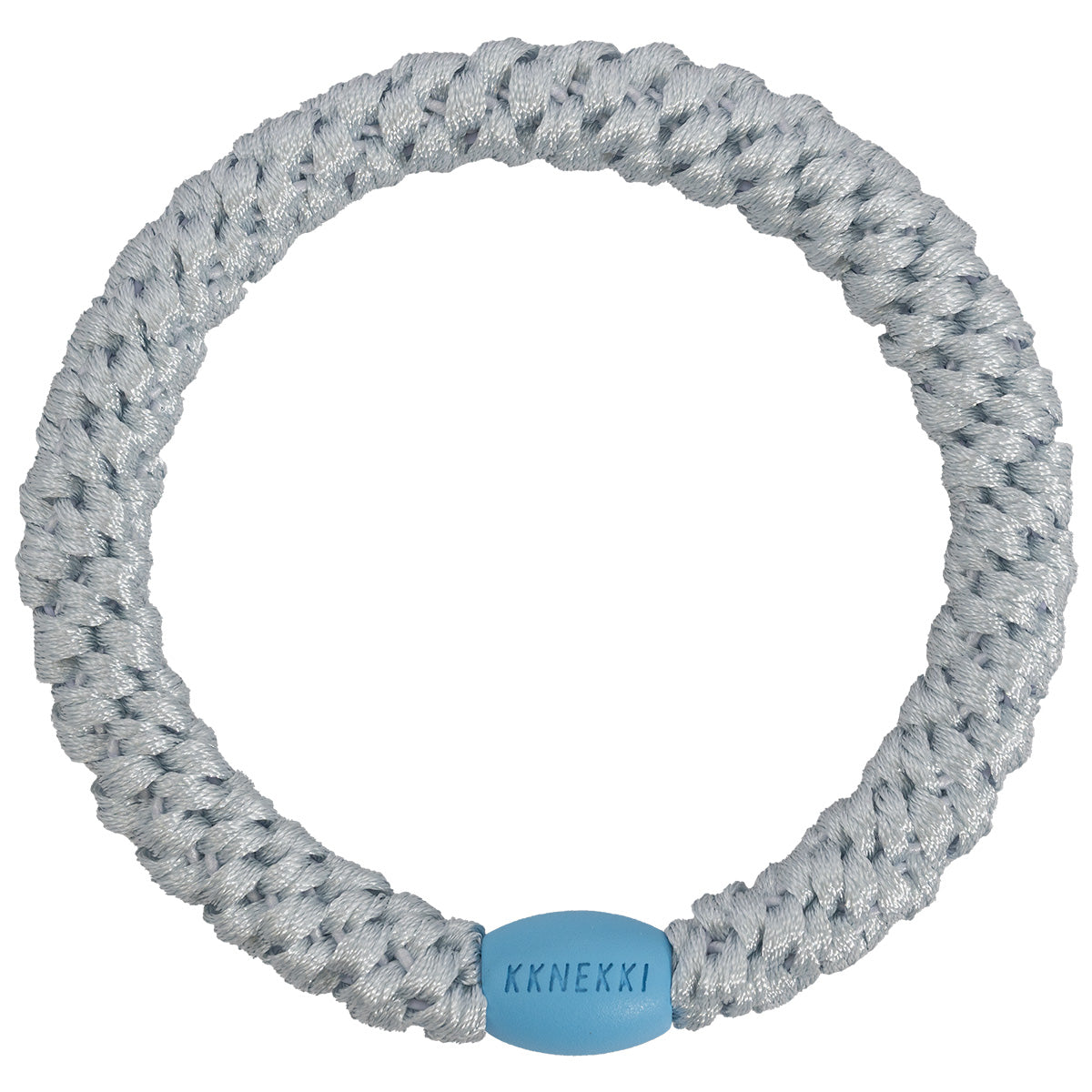 KKNEKKI Haargummi mit charakteristischem Webdesign in der Farbe Baby-Frost, sanfter Halt ohne Haarbruch, wasserfest und farbecht, mit Perle aus recyceltem Kunststoff