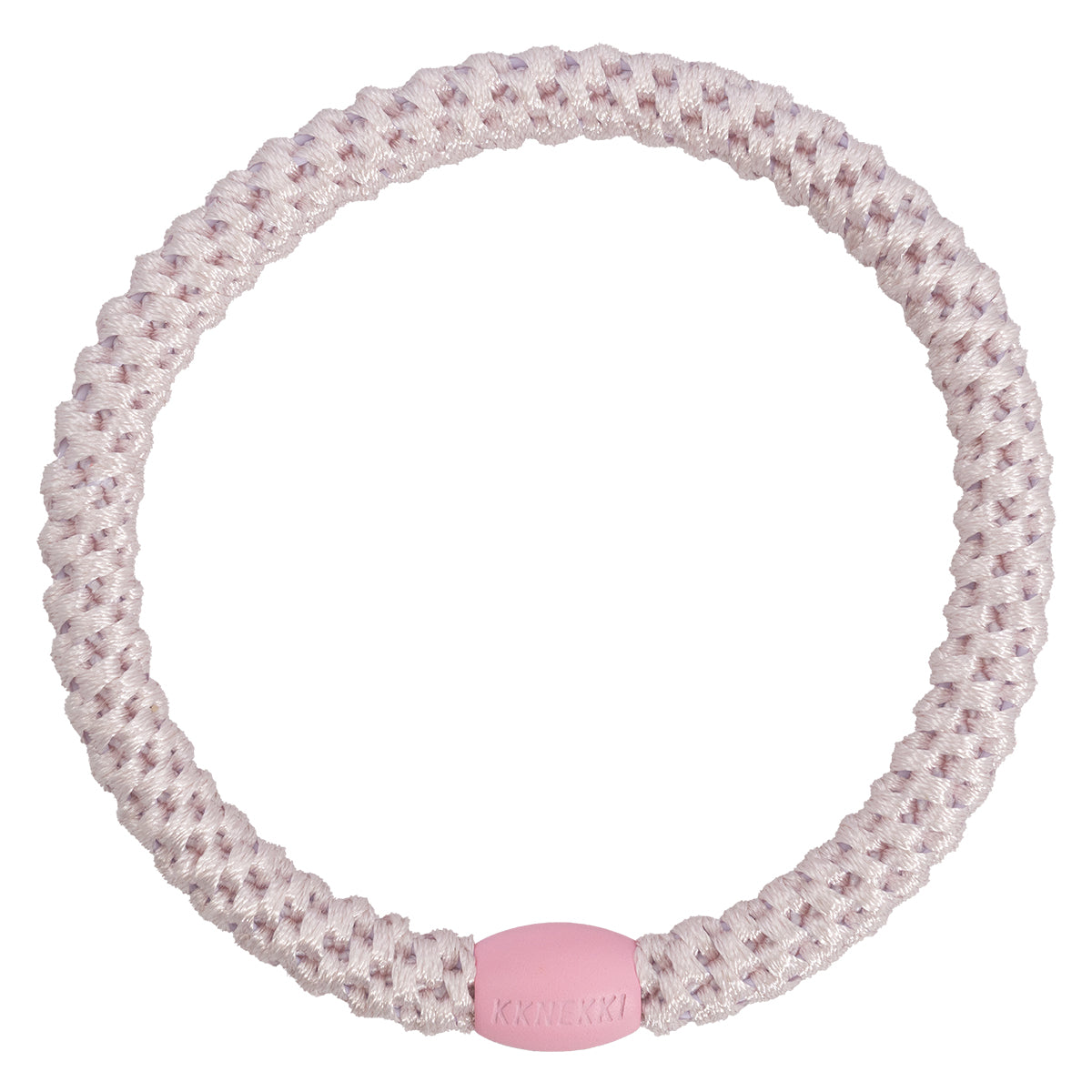 KKNEKKI Slim Haargummi in Ballet pink mit charakteristischem Webdesign, schlanke Silhouette, sanfter Halt ohne Haarbruch, wasserfest und farbecht, mit Perle aus recyceltem Kunststoff