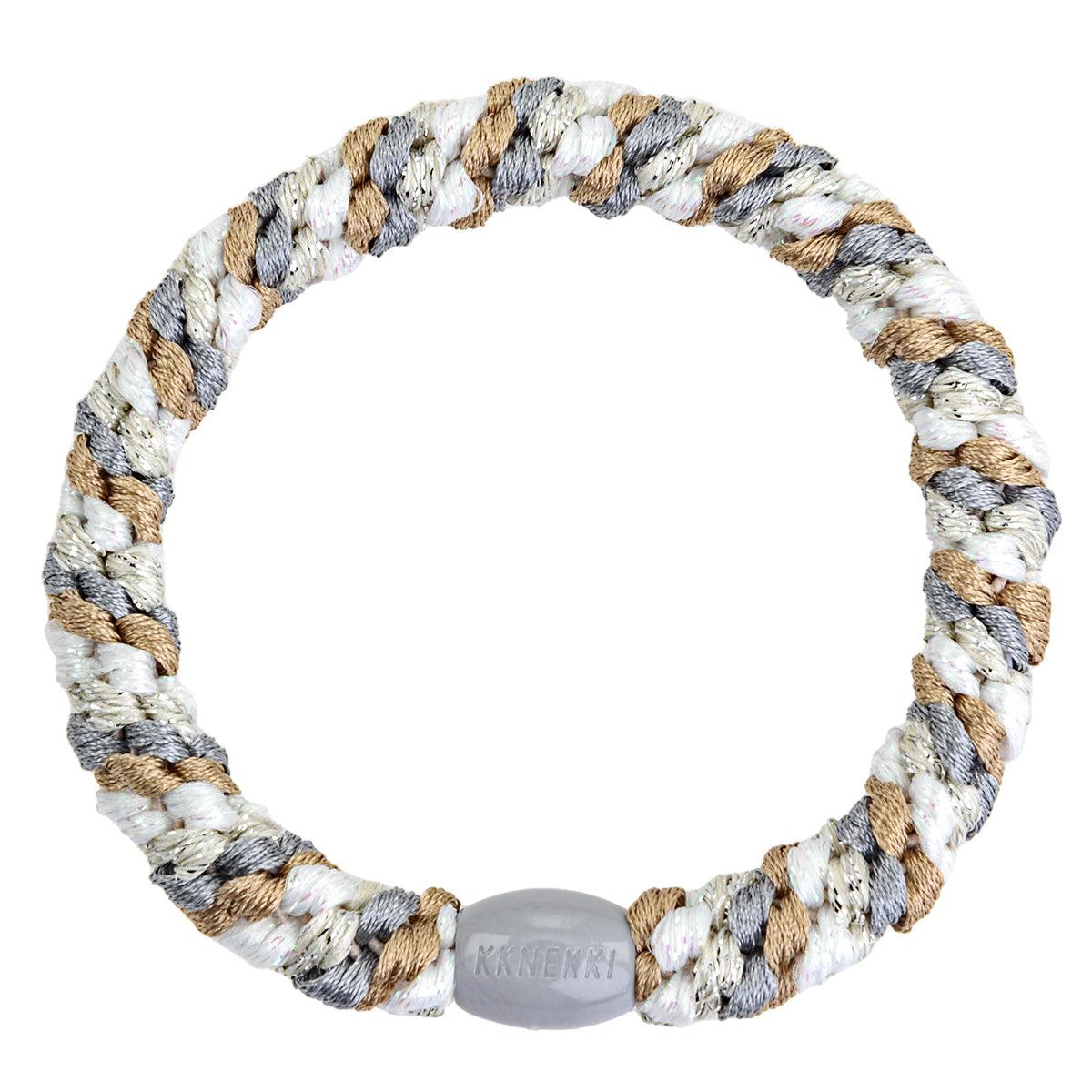 KKNEKKI Haargummi Mix in beige - white mit charakteristischem Webdesign, sanfter Halt ohne Haarbruch, wasserfest und farbecht, mit Perle aus recyceltem Kunststoff