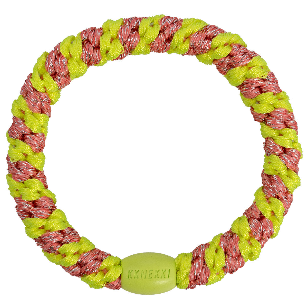 KKNEKKI Haargummi Stripe in Coral - Neon Gelb mit charakteristischem Webdesign, schlanke Silhouette, sanfter Halt ohne Haarbruch, wasserfest und farbecht, mit Perle aus recyceltem Kunststoff