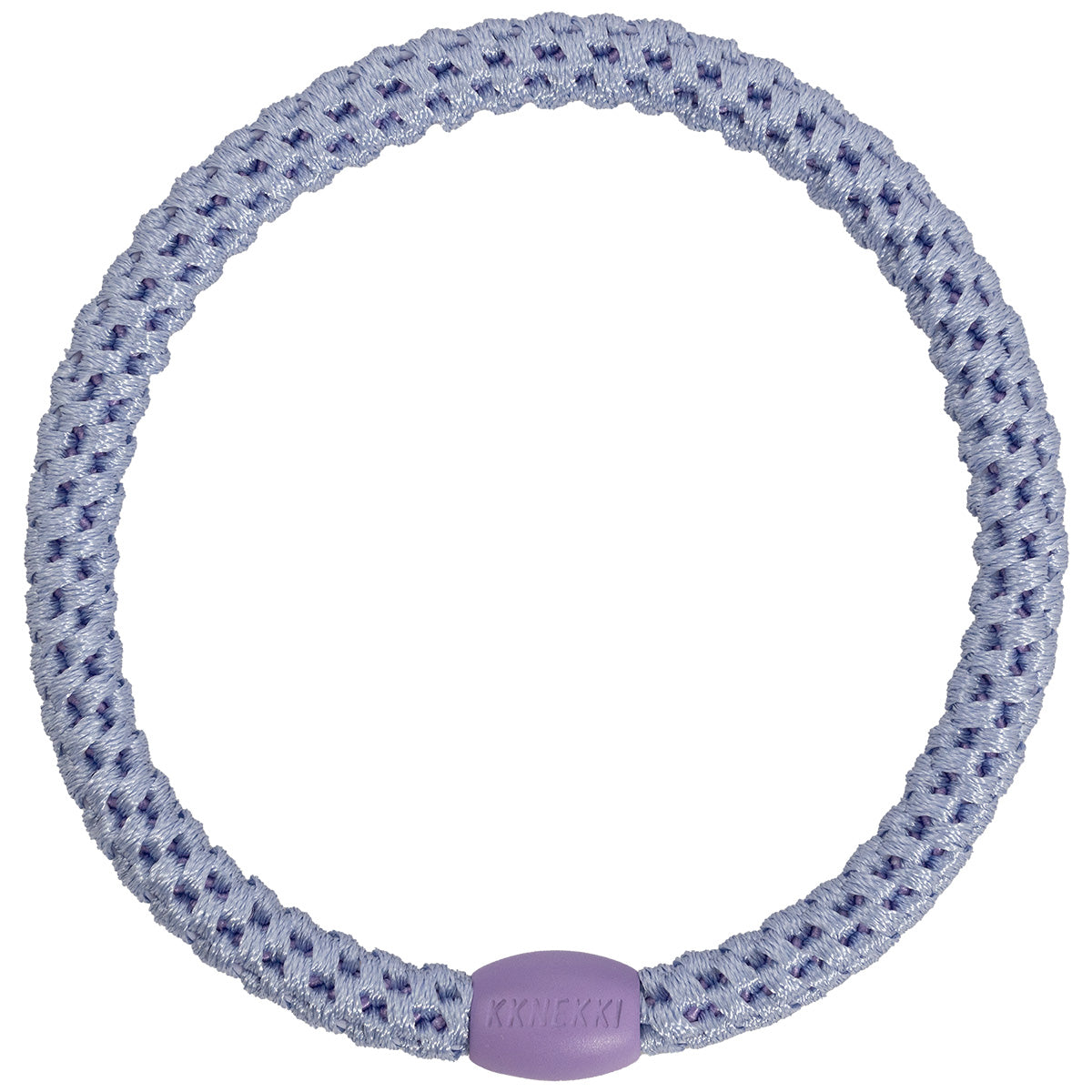 KKNEKKI Slim Haargummi in Lila mit charakteristischem Webdesign, schlanke Silhouette, sanfter Halt ohne Haarbruch, wasserfest und farbecht, mit Perle aus recyceltem Kunststoff